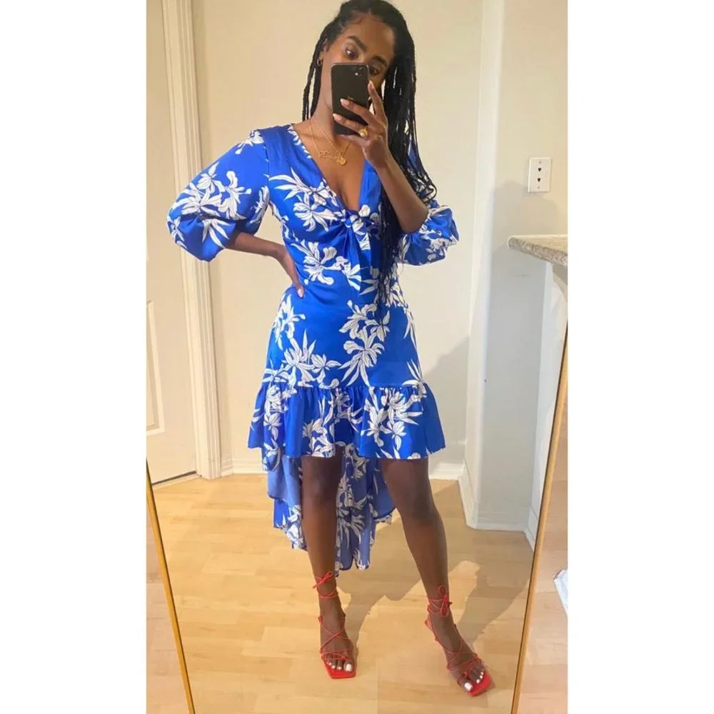 NWT ALEXIS for Target Blue Floral Tie-Front High-Low Dress Medium - Picture 3 of 16